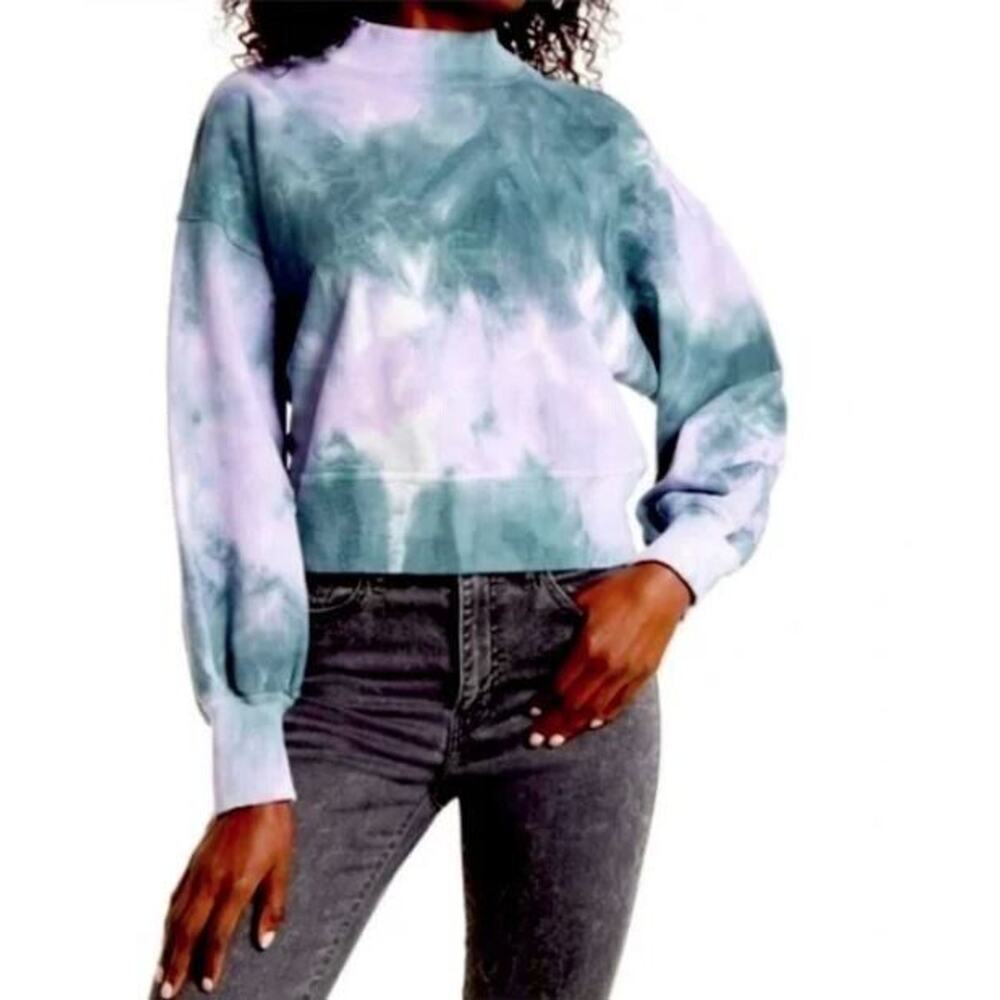 All in Favor Women's Tie Dye Puff Sleeve Sweatshirt in Green Purple Medium $59